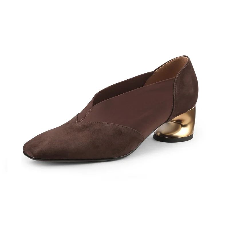 Women Pumps Dress Shoes Strange Heel Elegant Woman Sheepsuede Handmade Shoes Slip On Round Toe Dress Retro Spring Pumps