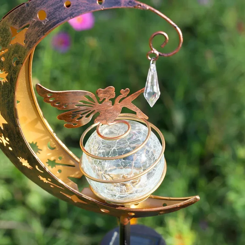 Moon Shaped Metal Solar Garden Stake Lamp, Waterproof LED Cracked Glass Globe Light Yard Patio Home Holiday Decoration Gift