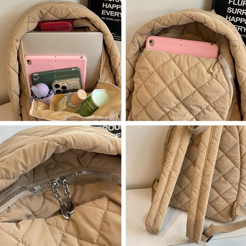 حقيبة ظهر كاجوال مبطنة بالقطن ذات سعة كبيرة، حقيبة مدرسية خفيفة الوزن منتفخة بلون سادة للنساء والفتيات #6