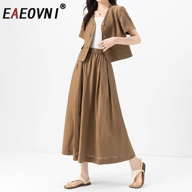 

EAEOVNI Summer Linen Fashion Two Piece Set V Neck Button Short Tops + High Waist Folds Long Skirts 2025 New Clothing 1A1240