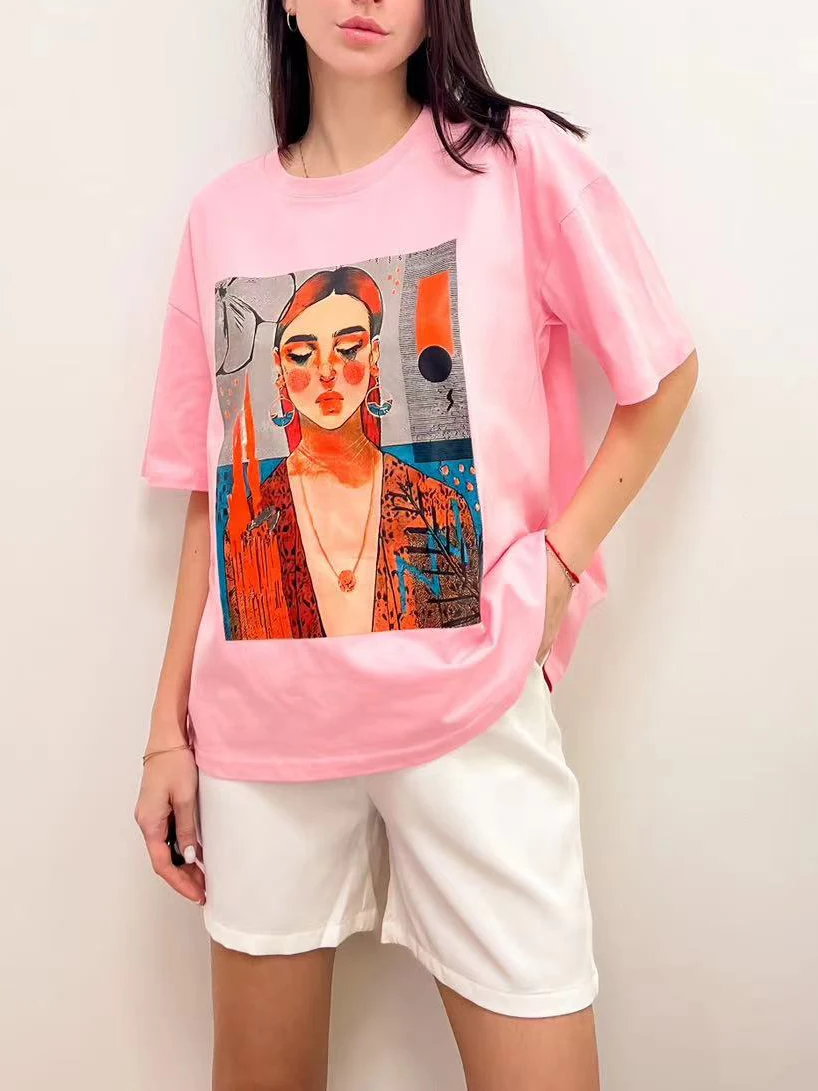 100% Cotton Women's Oversized T-shirts with Print Comics Tees Simple Short Sleeve Tops Summer Basic Soft T-shirt for Women 2024