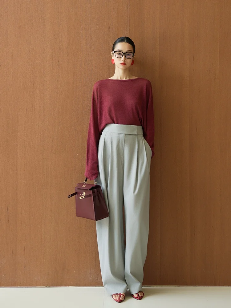 

Брюки с высокой талией и широкими штанинами из тонкопряденой шерсти, свободного кроя, для повседневной носки, весна-лето, модные женские брюки