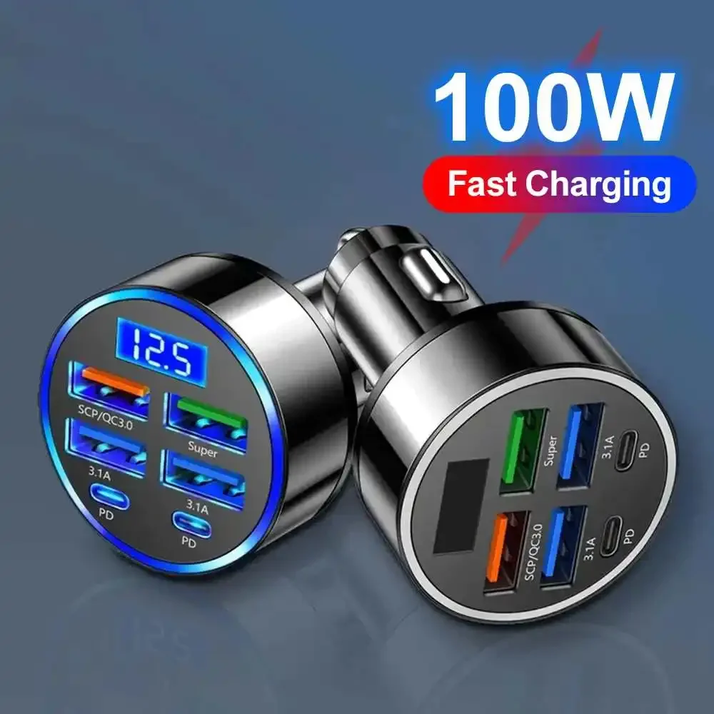 Cargador de coche de 6 puertos de 100W, carga rápida PD QC3.0 USB C, adaptador tipo C para teléfono de coche, para iPhone, Samsung, Huawei, Xiaomi