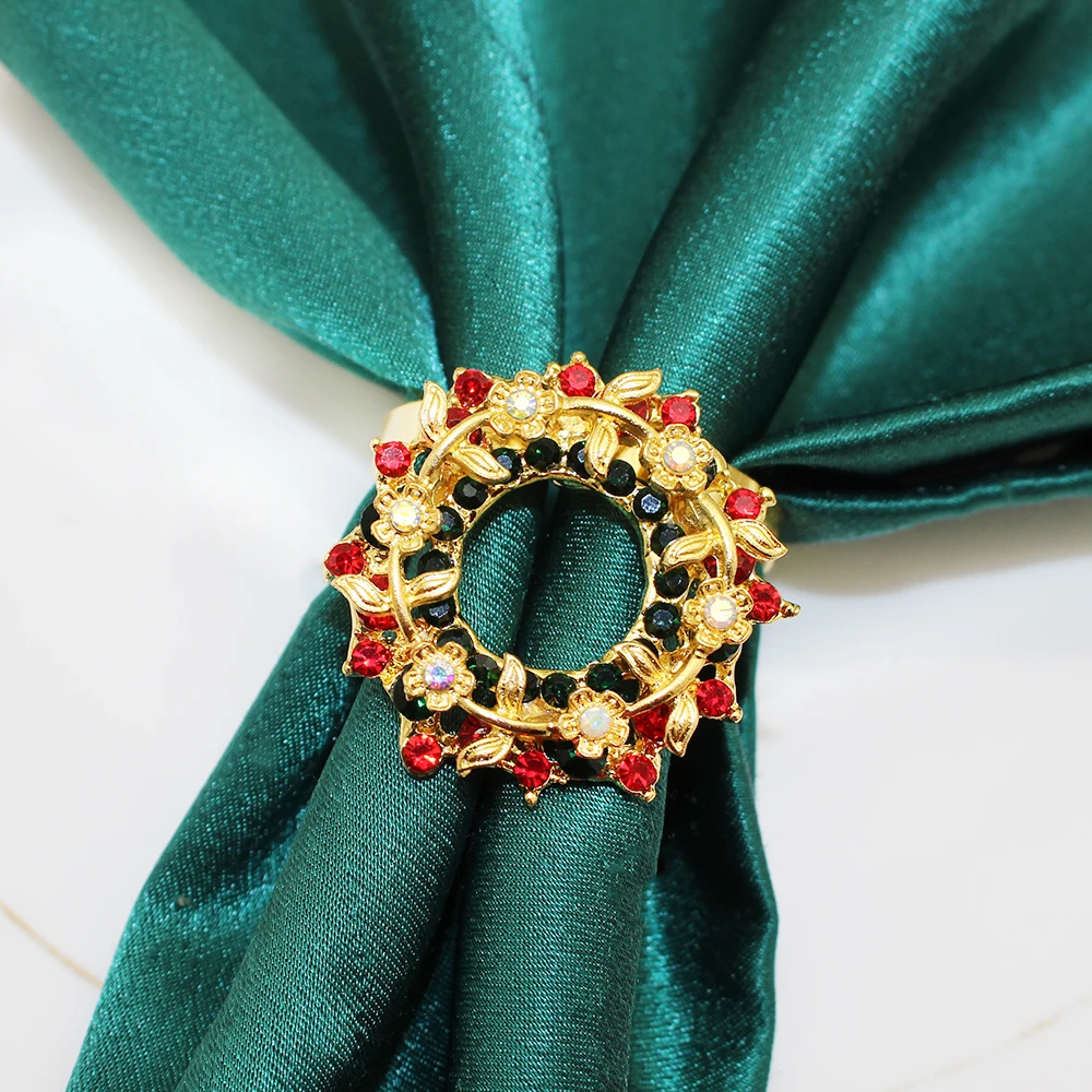 6Pcs Christmas Napkin Ring Set Rhinestone Xmas Tree Wreath Napkin Holders Gold Napkin Buckles for Dinning Party Home Table Decor