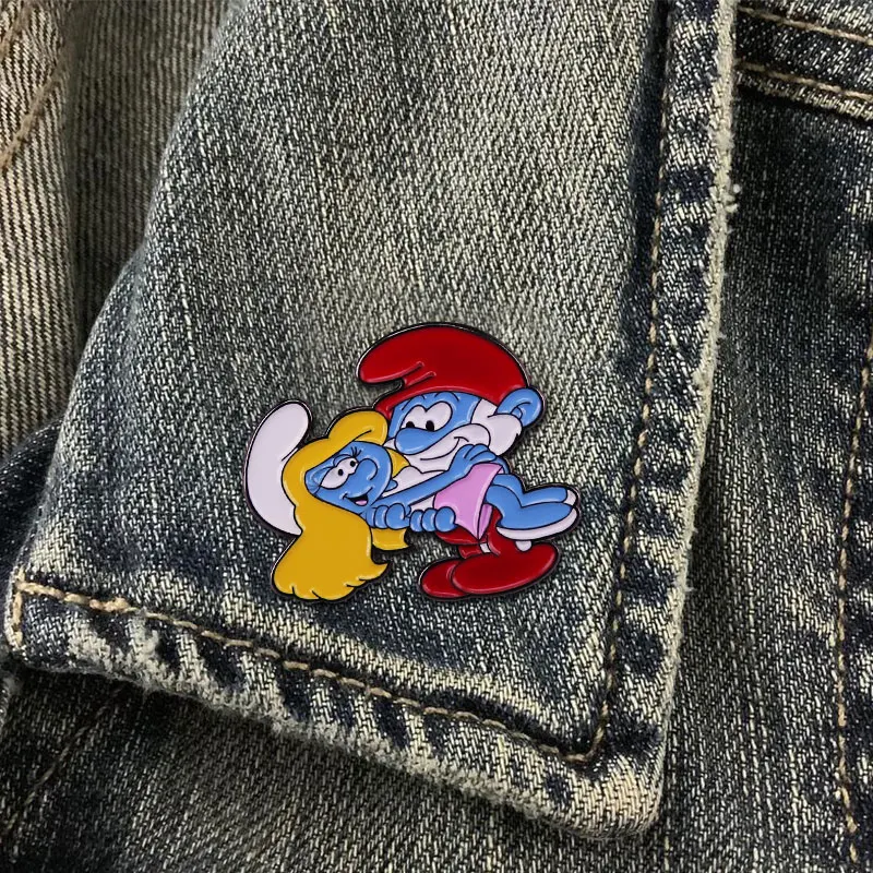 Papa Smurrf N Smurrfette Enamel Pin Classic Blue x Elf Comics Badge Brooch Gift Backpack Decoration Jewelry