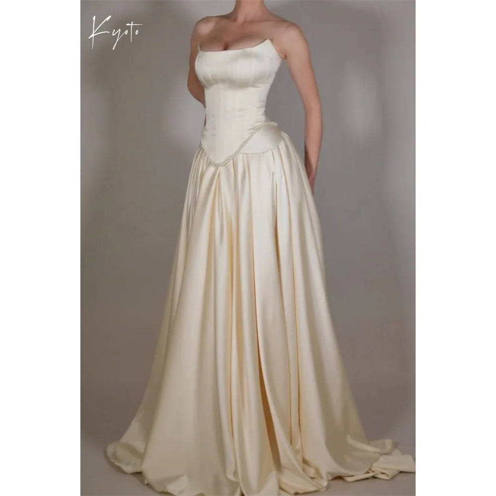 

Kyoto Белое свадебное платье без рукавов по индивидуальному заказу, без бретелек, на шнуровке, со шлейфом, свадебное платье трапециевидной формы, 2025 г.
