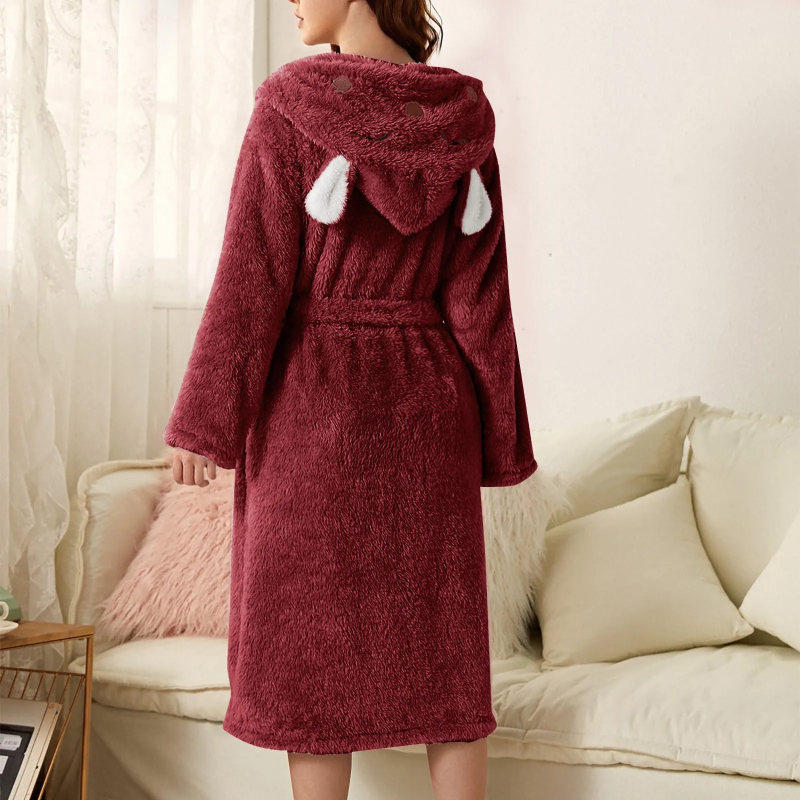 Women Long Warm Bathrobe Fluffy Fleece Thermal Bath Robe Winter Dressing Gown Sleepwear Plus Size Ear Hooded Flannel Bathrobe