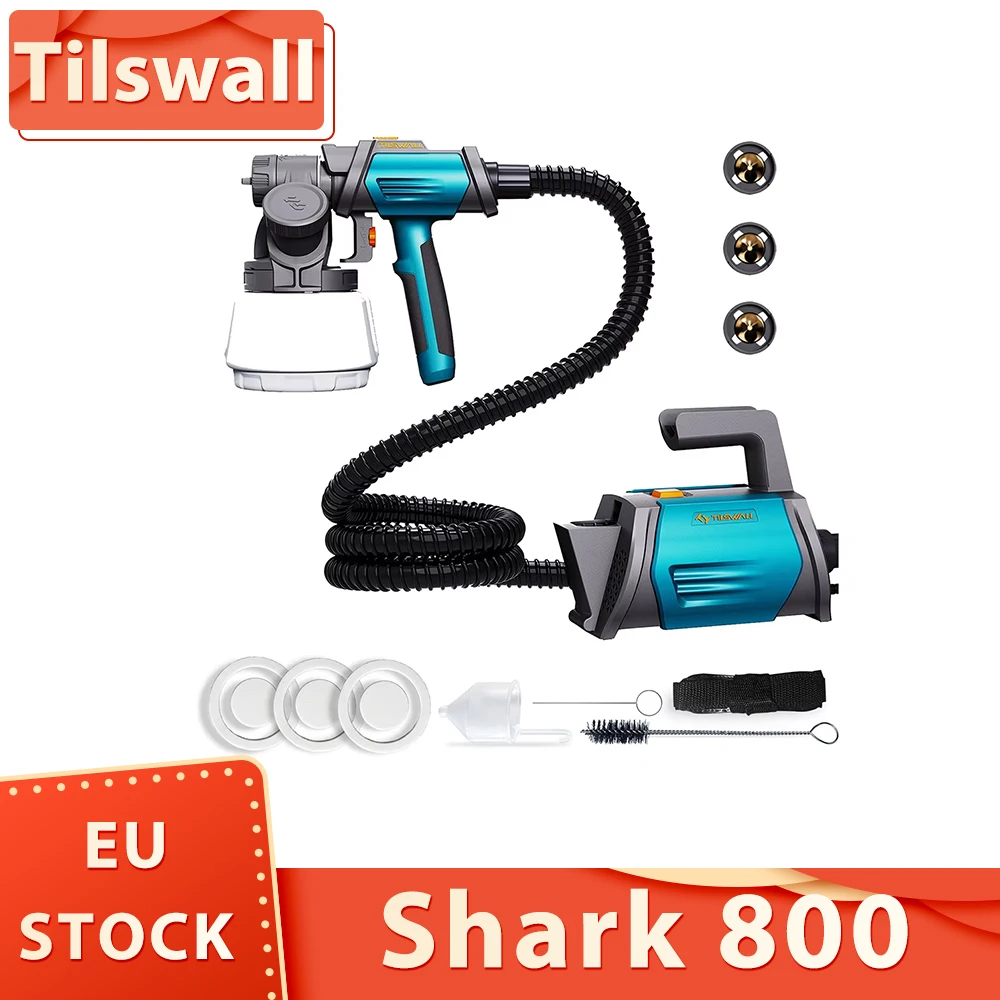 Spruzzatore di vernice Tilswall Shark 800 W, con tubo dell'aria da 2,5 m/8,2 piedi, 3 dimensioni ugelli, 3 modelli di spruzzo, velocità massima 1200 ml/min