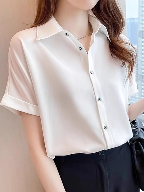 

plus Size Acetate Satin Chiffon Shirt Women Summer New Style Thin Short Sleeve White Professional Top Knot Commute ...