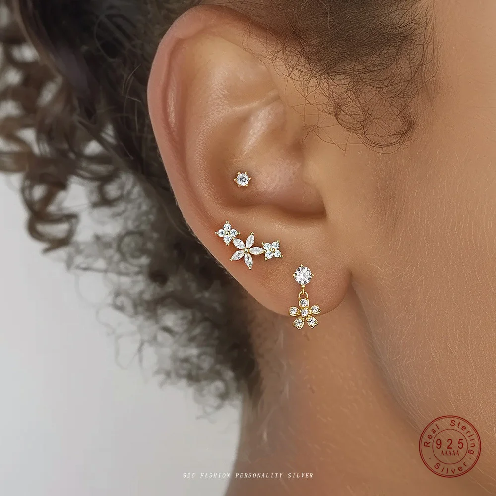 Gold Plated Exquisite Zirconia Flower Stud Earrings 925 Sterling Silver Hypoallergenic Elegant Cute Earrings Jewellry