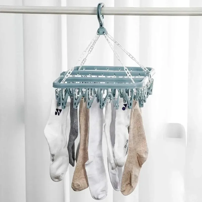 Laundry Hanging Rack with 32 Clips for Clothes Socks Underwear - Folding Clothes Drying Hanger Home Garden Drying Racks