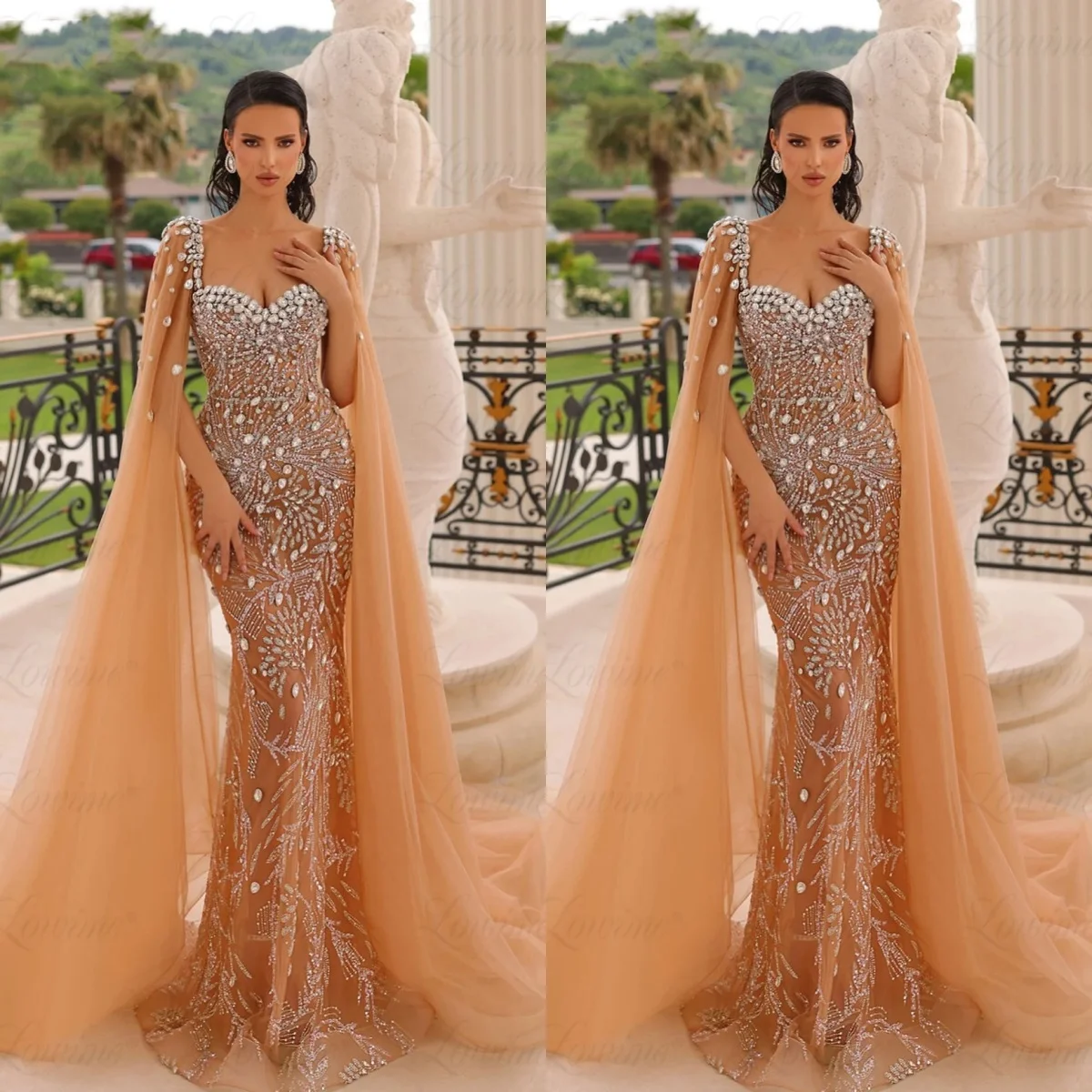 Luxury Crystals Evening Dresses Cape Sleeve Arabic Dubai Wedding Party Dress Long Beads and Stones Prom Gown