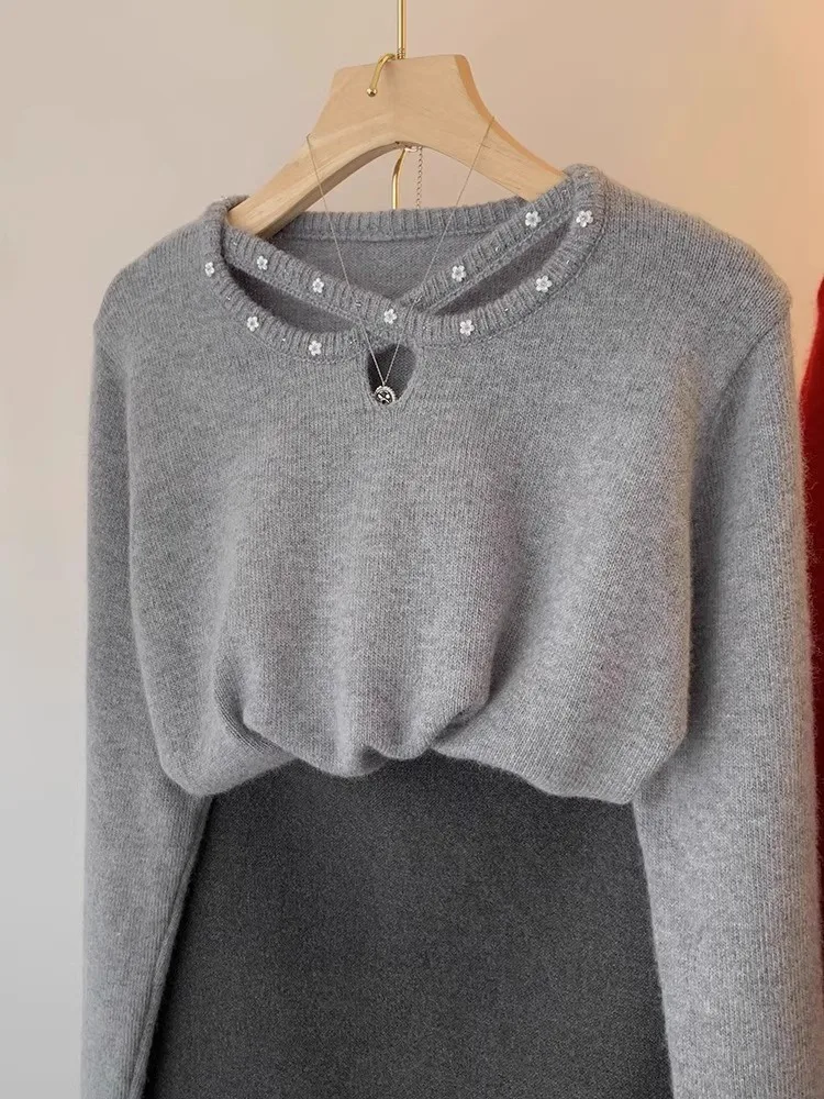 

Мягкий длинный вязаный свитер женский осенне-зимний с жемчужным декором, ажурный, уютный, элегантный, для повседневной носки, свободного кроя