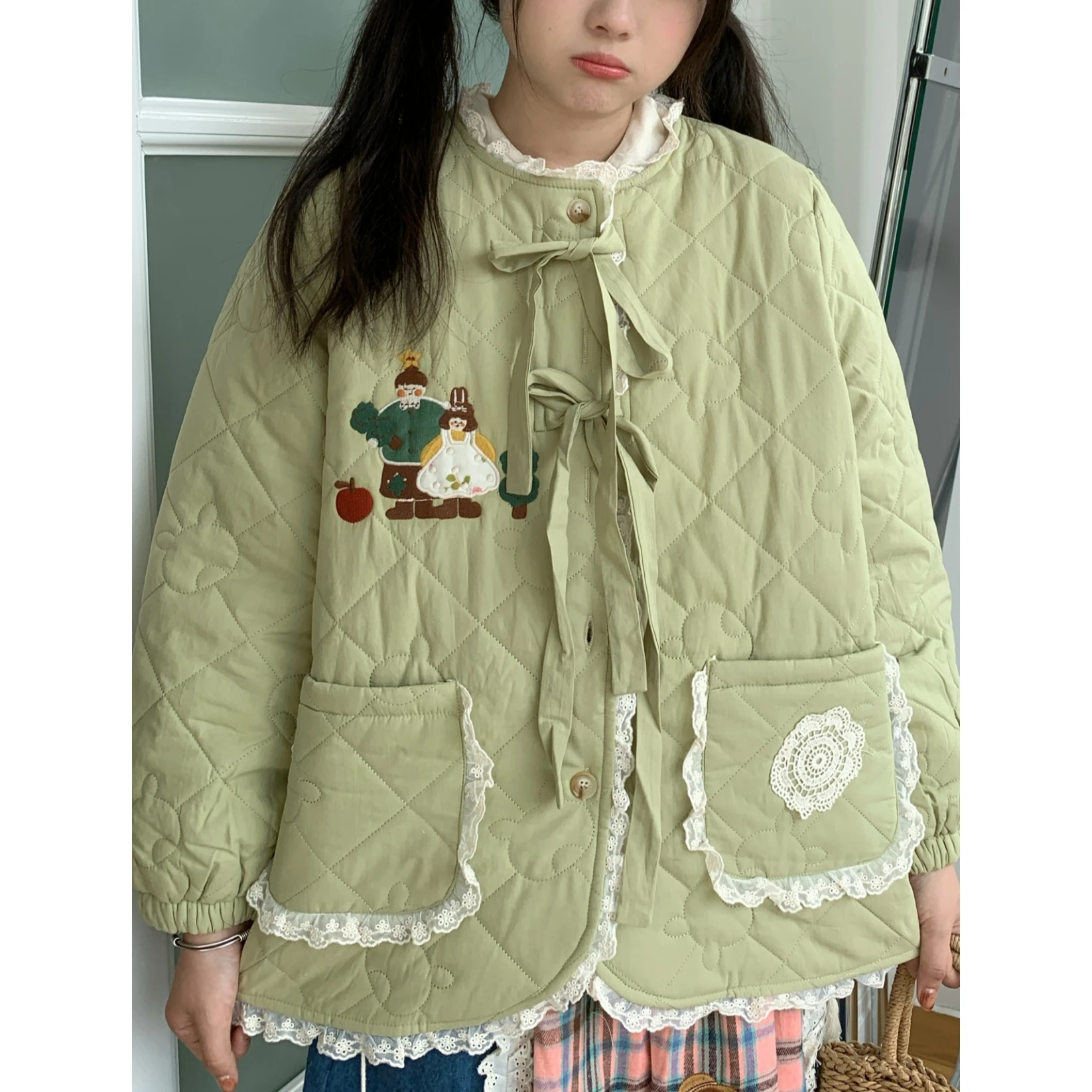 

Winter Korean Fashion Sweet Lace Belt Cartoon Quilting Coat Harajuku Women Mori Girl Kawaii Cute Lolita Light Green Coat Parkas