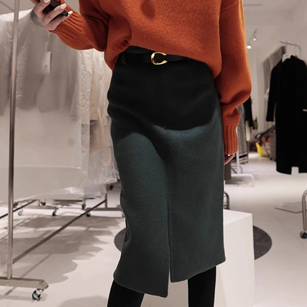 European Station Skirt Women's Spring and Autumn Light Luxury Woolen High end Wrap Hip Split High Waist Slim A-line Skirt