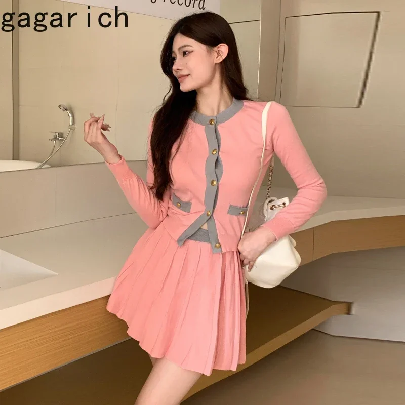 Gagarich Korean Fashion 2 Piece Set Sweet Color Block Single Breasted Top High Waist Slim Pleated Skirt Knitted Suit Clothing