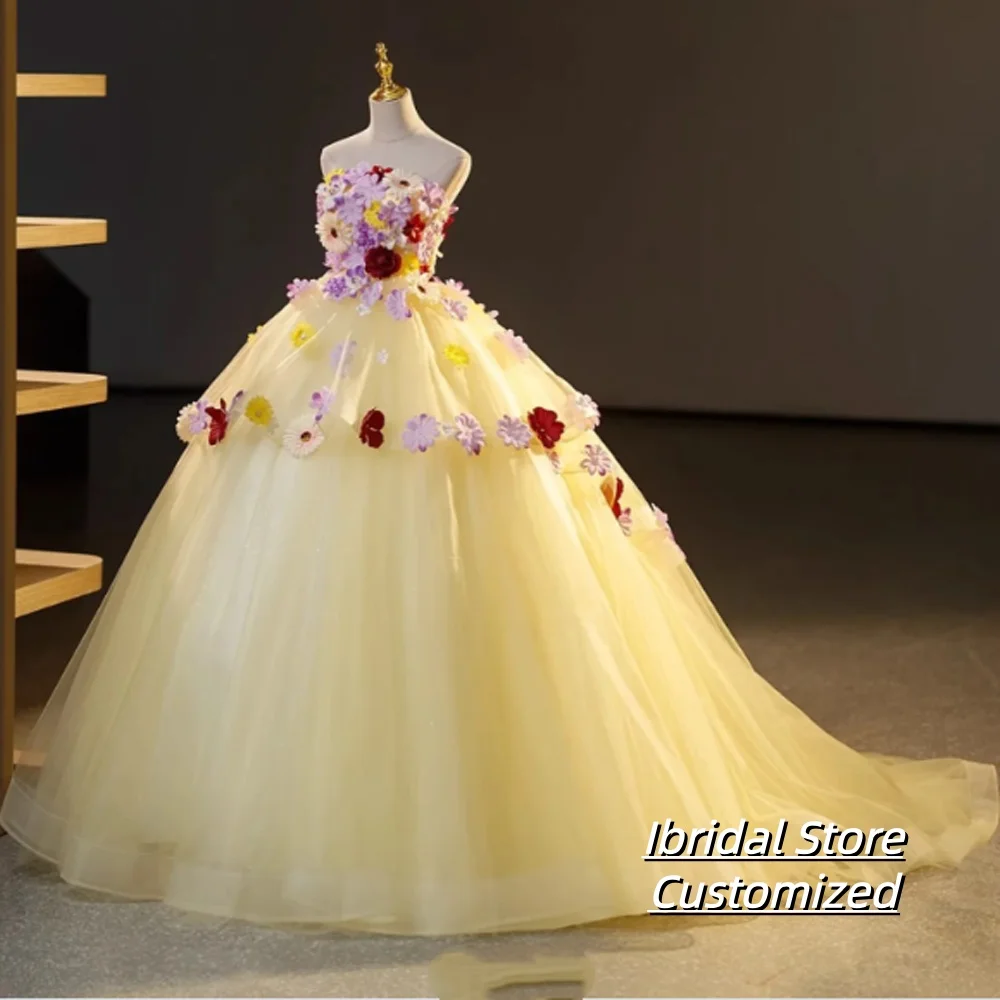 

Customized 3D Handmade Colorful Flowers Evening Dress Strapless Prom Gown for Women Elegant Floor Length Trailing Ball Gowns