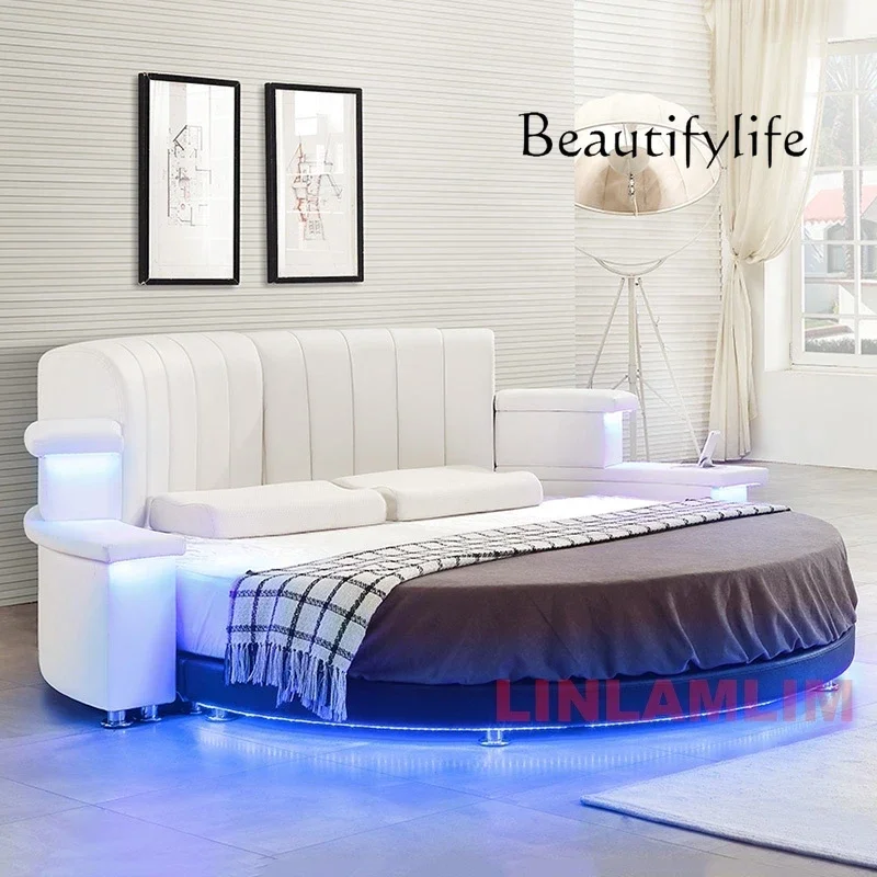 MINGDIBAO Nordic Genuine Leather multifunctional round Bed Frame with LED Light Bluetooth Speaker iPhone Charge USB Ultimate Bed