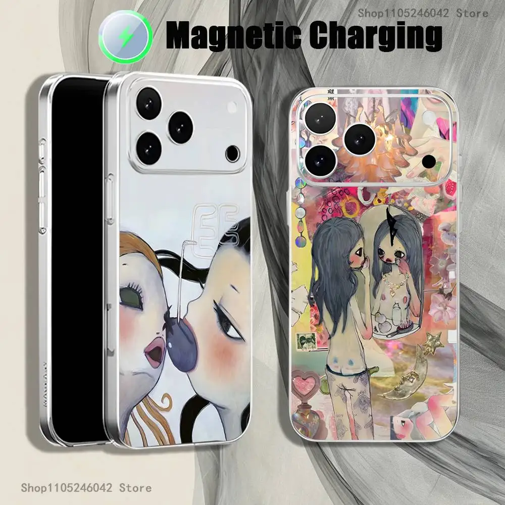 

Aya T-Takano Magnetic Wireless Charging Transparent White Phone Case For iPhone 17,16,15,14,13,12,11,Pro,Max,Plus,Mini,SE