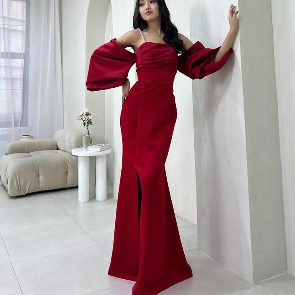 Robe de Soirée en Satin pour Femme, à Bretelles Spaghetti, Style Sirène Plissée, à Manches Courtes, Mode Simple et Sexy