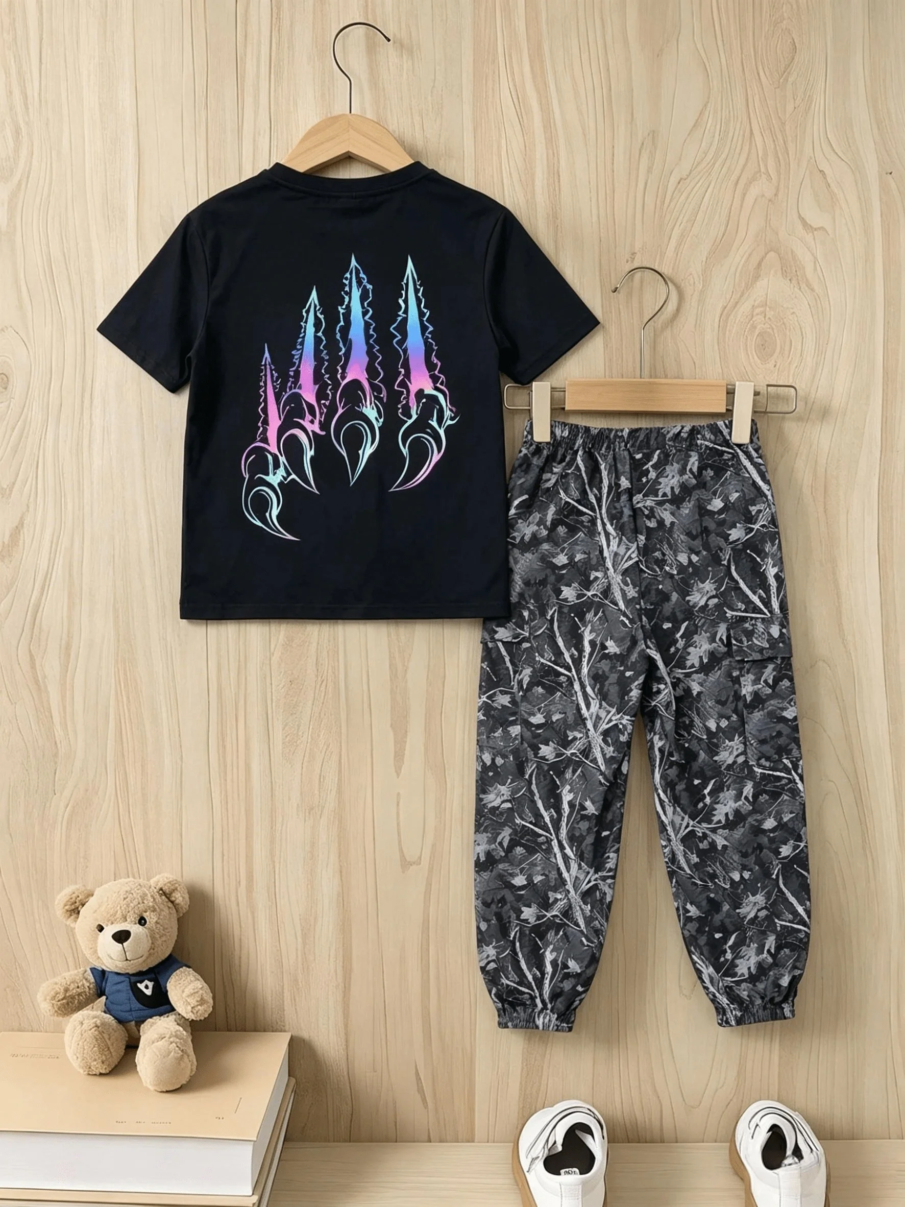 Boys Summer Clothing Set Bear Graphic T-Shirt + Camouflage Cargo Pants 2Pcs Kids Streetwear Casual Outfits Children Tracksuit