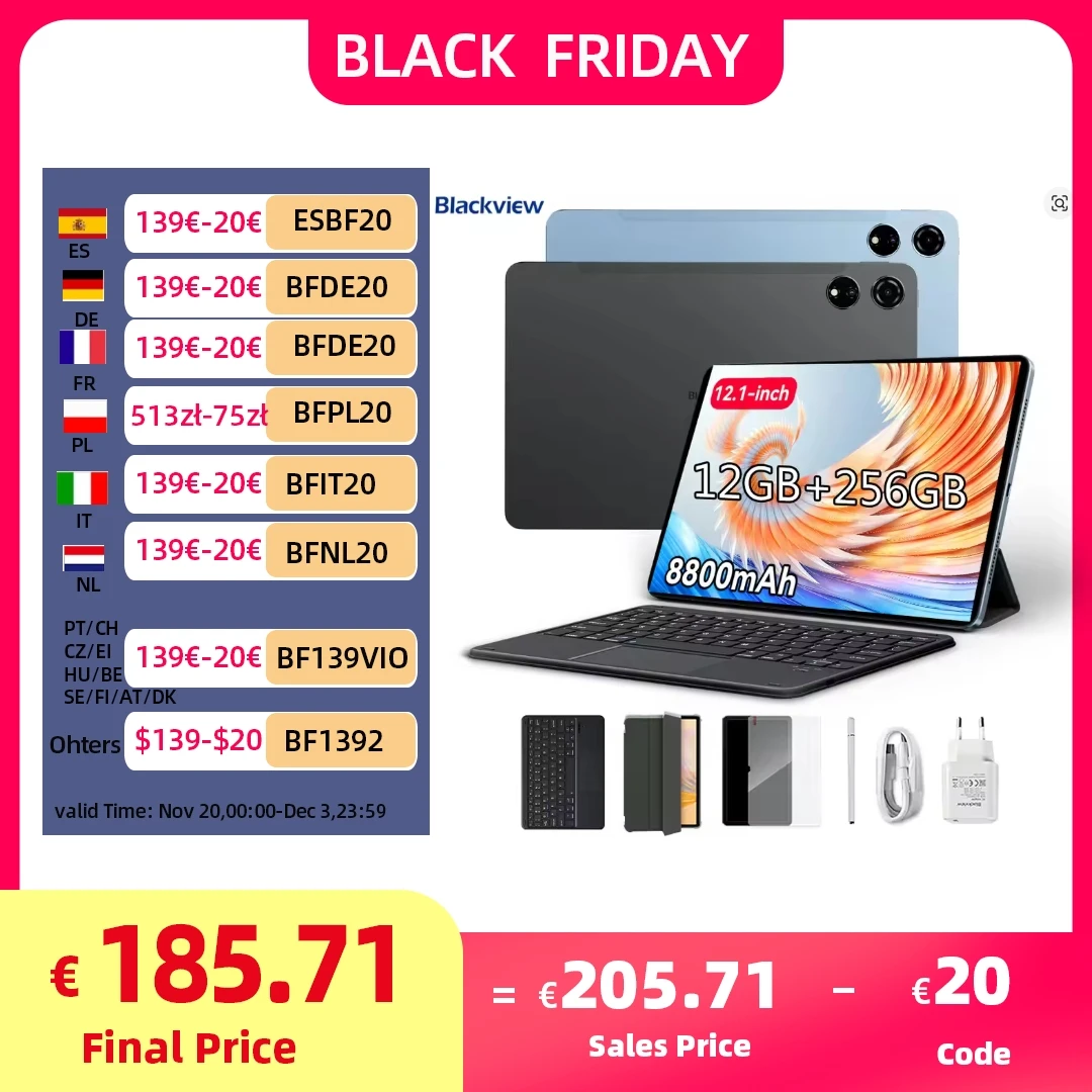 Набор планшетных ПК Blackview MEGA 3, 12,1-дюймовый дисплей 2,5-каратного FHD+, восьмиядерный процессор Android 15 Pad MTK G100, 36 (12 + 24), ГБ ОЗУ, 256 ГБ ПЗУ, 8800 мАч