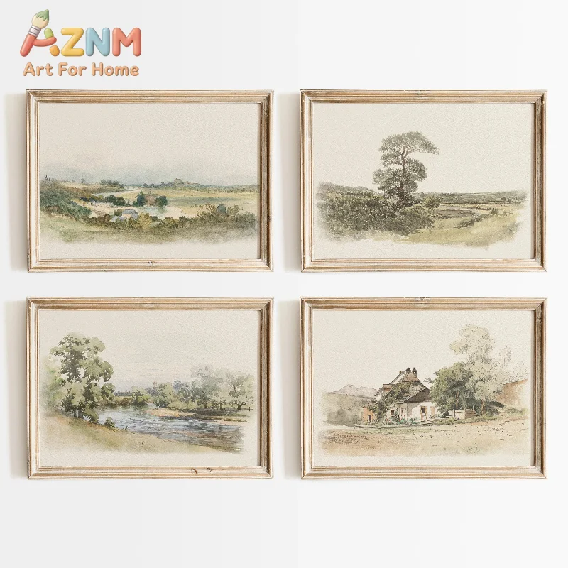 1/4 Stück Vintage Aquarell-Landschafts-Wandkunstdrucke Neutrale Farmhaus-Dekoration