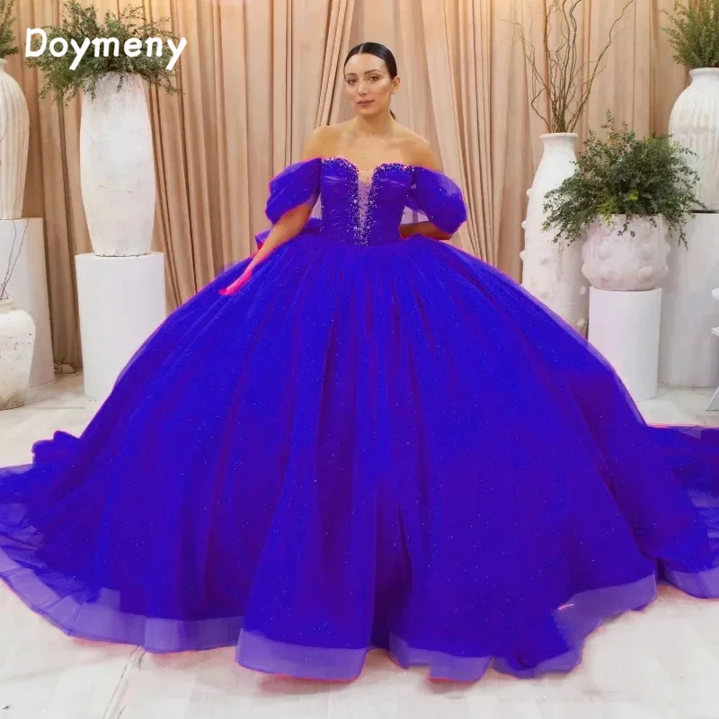 Doymeny Gliiter Quinceanera Dresses Off Shoulder Beaded Crystal Sleeveless Long Sweet 16 Dress Ball Gown vestidos de 15