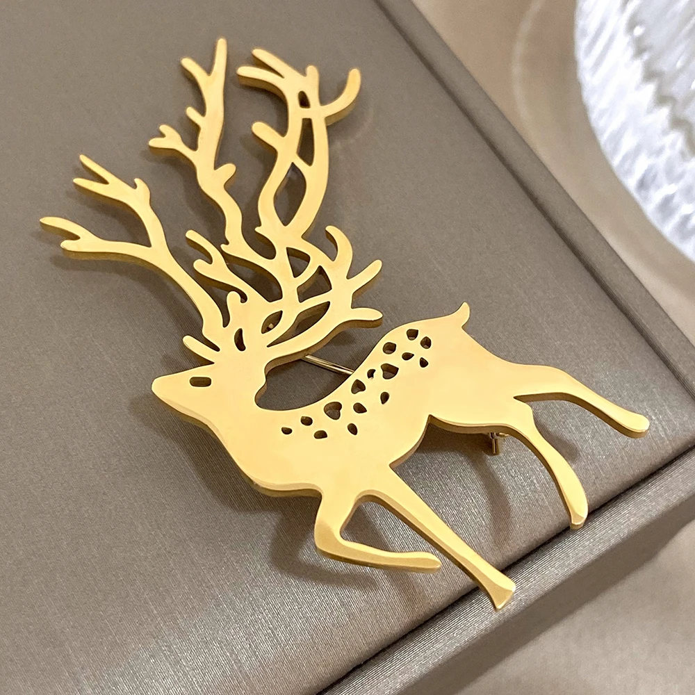 Stainless Steel Elk Deer Pins Brooch For Women Men Christmas Horned David\'s Deer Badge For Lapel Collar Hat Bag Pin Gift