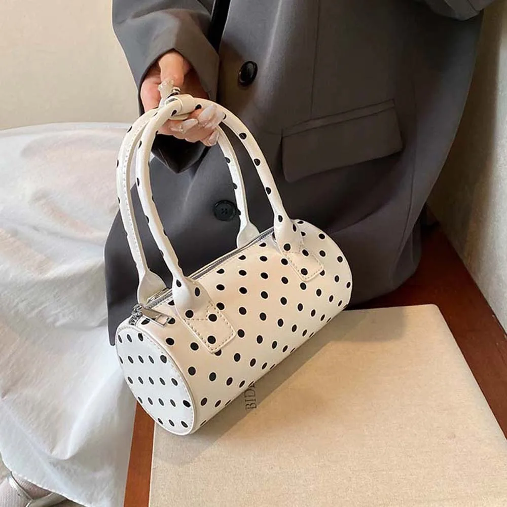 

Polyester Polka Dot Cylindrical Bag Anti-Splash Water Korean Style Spicy Girl Handbag Black Contrast Color PU Shoulder Bag