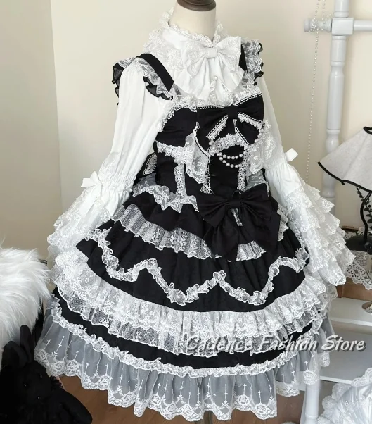 تخصيص أبيض وأسود لوليتا مساء اللباس الرقبة العالية متوهج كم الروكوكو نمط الدانتيل كشكش نفخة كعكة تنحنح القوس التفاصيل