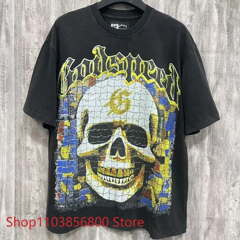 

Heavy Fabric Godspeed Short Sleeve T-shirt Street Hip-hop Rock Wash Summer High Quality Round Neck GOD SPEED Tee Unisex