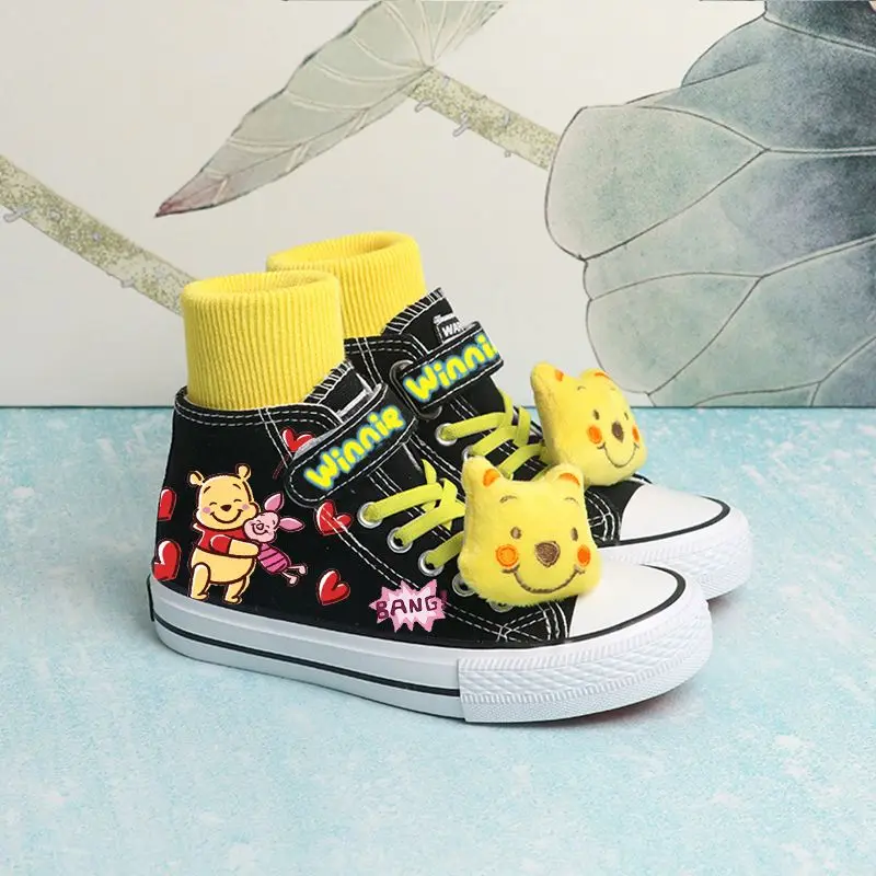 Strawberry Bear Pooh Winnie Hand-painted Canvas Shoes Spring Summer Women\'s Korean-style Cartoon Velcro Mid-top Graffiti Shoes