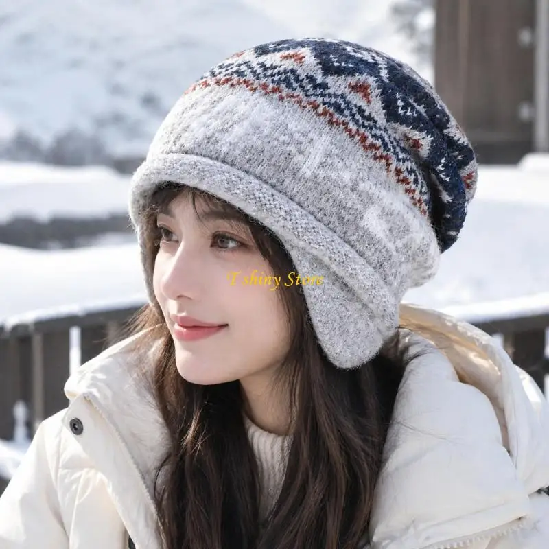 N58F Wool-Blend Ear Cover Hat with Relaxed Top, Folded and Nordic-Style Pattern for Fall and Winter Weather Wear