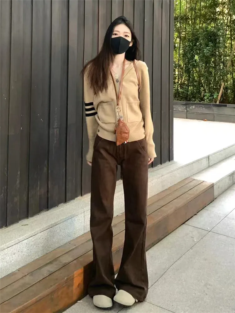 

American Retro Brown Flared Low Waist Jeans Women's Autumn Winter Loose Slim Tall Extended Wide Leg Floor Length Pants