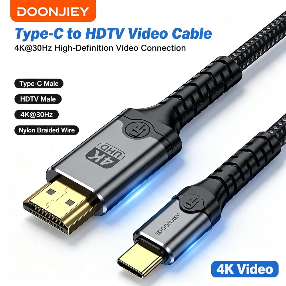 DOONJIEY Type C to HDMI-compatible Cable HD 4K 30Hz USB C to HDMI-compatible Converter HDMI2.0 Adapter Cable for TV MacBook Air