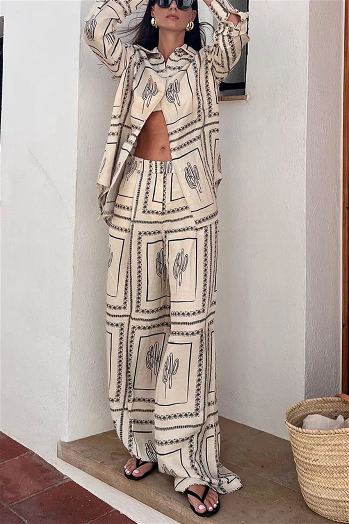 Female Printed Shirts Two Piece Set Lapel Long Sleeve Top High Waist Wide Leg Pants 2024 Spring Summer Women Home Wear Suits