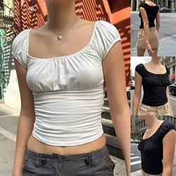 y2k Crop Top Women Aesthetic Clothes Solid Color Short Sleeve Ruched T Shirt Basic Baby Tee 2000s Clothing Streetwear