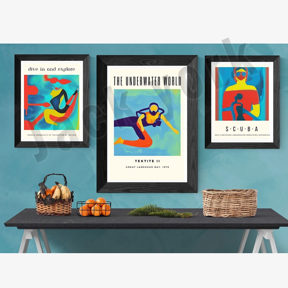 gallery wall art prints, cubism style diving posters, scuba diving, blue orange aesthetic, bathroom decor, diving posters