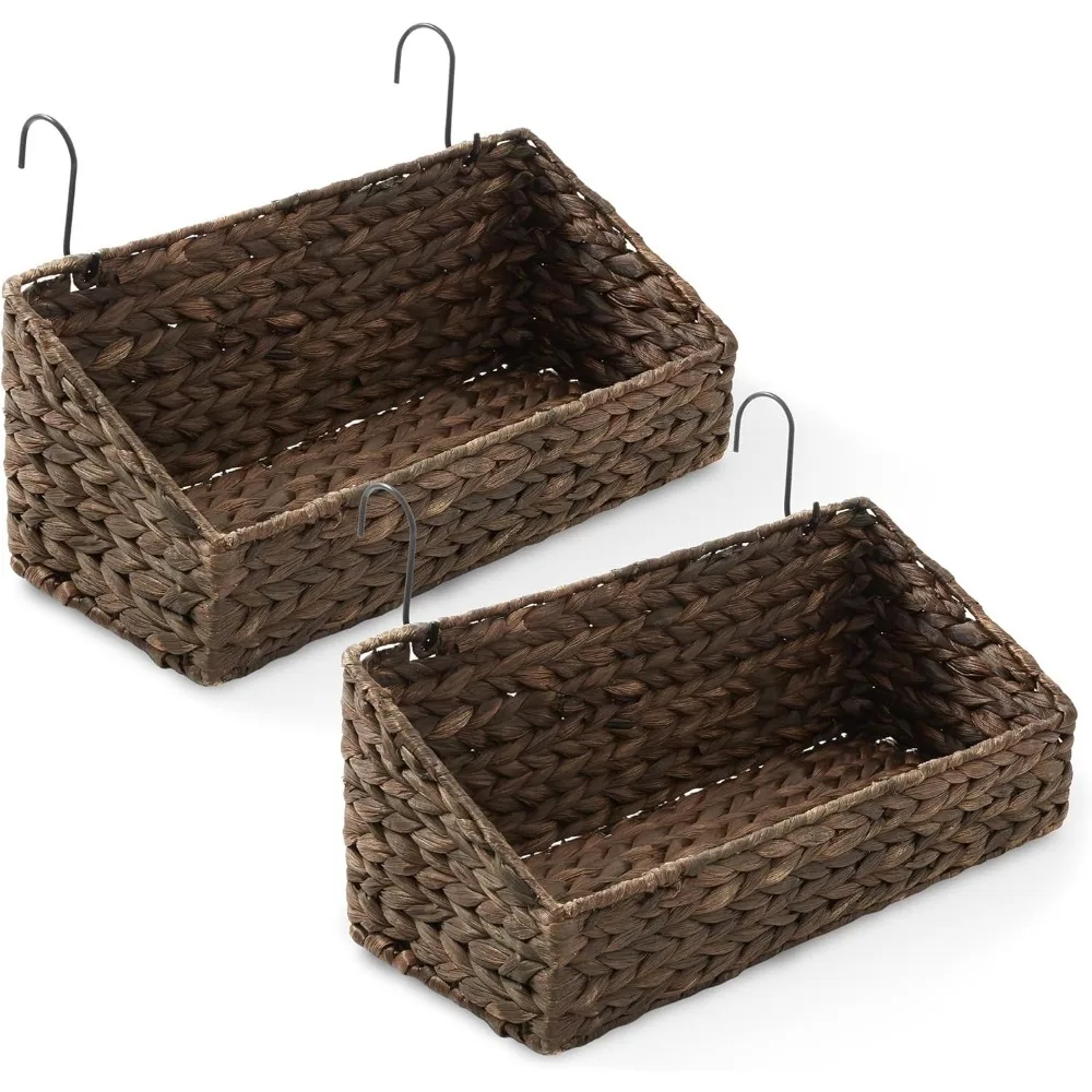 

Set of 2 Hanging Baskets with Hooks - Espresso, Hyacinth Woven Wall Mounted Storage Bins for Kitchen, Bathroom, Laundry Room, H