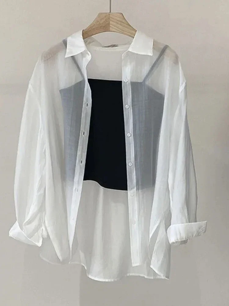 Women's Long Sleeved Mesh Shirt Loose Korean Chic Summer Clothing for College Students Thin Gauze Soft Lapel Sunscreen Clothes