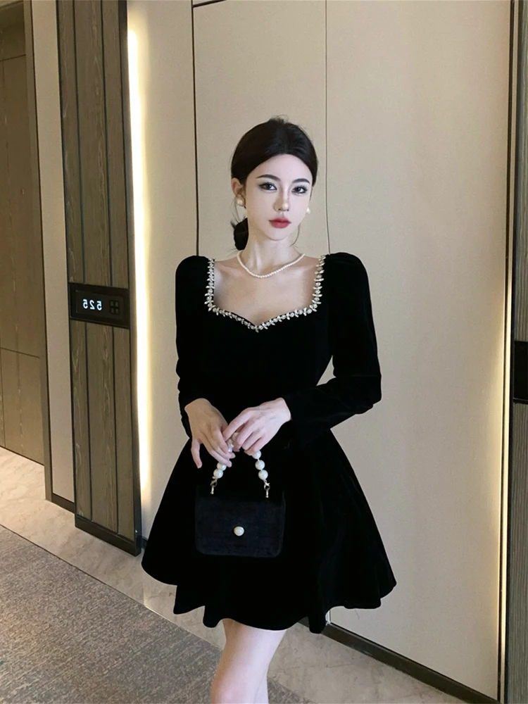 French Birthday Party Dinner Suit High-End Affordable Luxury Niche Lolita Skirt Square Collar Velvet Dress for Women