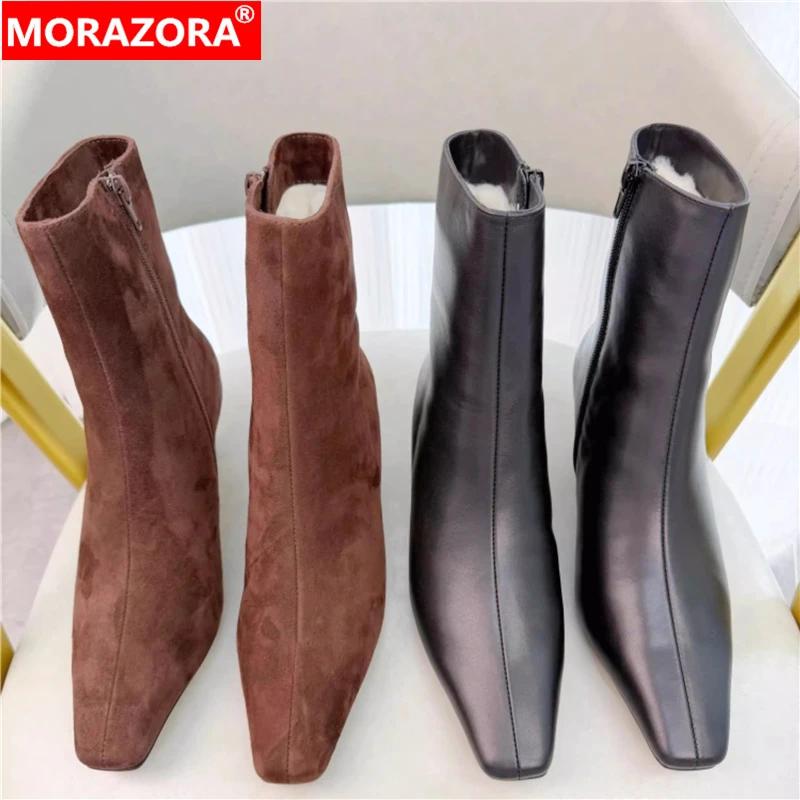 MORAZORA حجم 34-42 جديد طبيعة الصوف أحذية الشتاء الدافئة النساء جلد الغزال عالية الكعب سستة الثلوج الأحذية موضة حذاء من الجلد الأحذية