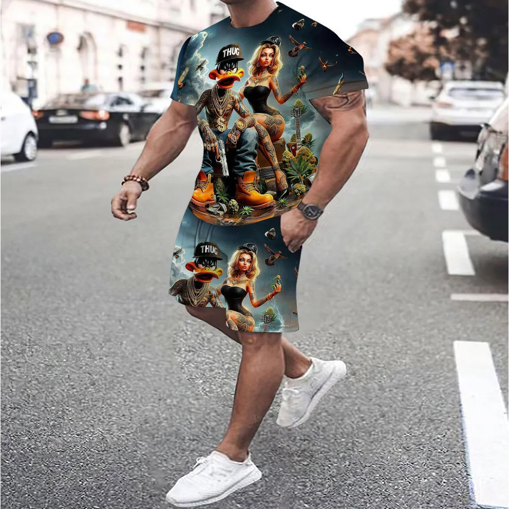 

Street trendy men's clothing t-shirt set 3D printed funny cartoon duck summer casual short sleeved tees pullover t-shirt for men