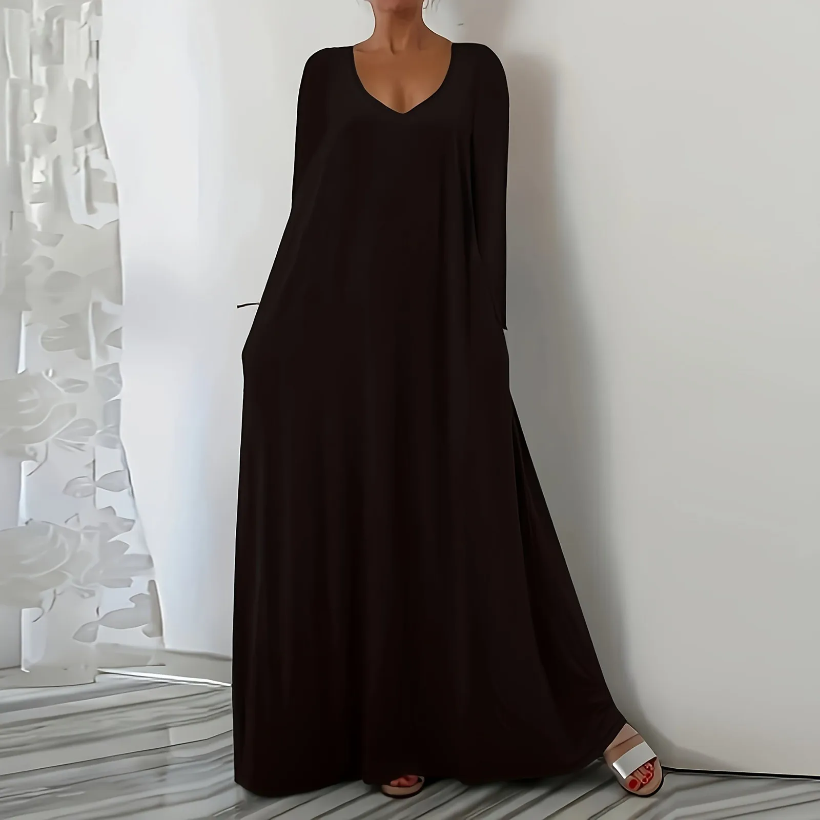 فستان نسائي كاجوال موضة بلون سادة وأكمام طويلة فستان ماكسي موضة شعبية إلى الأمام ملابس نسائية عصرية ملابس الشارع الشهير #1