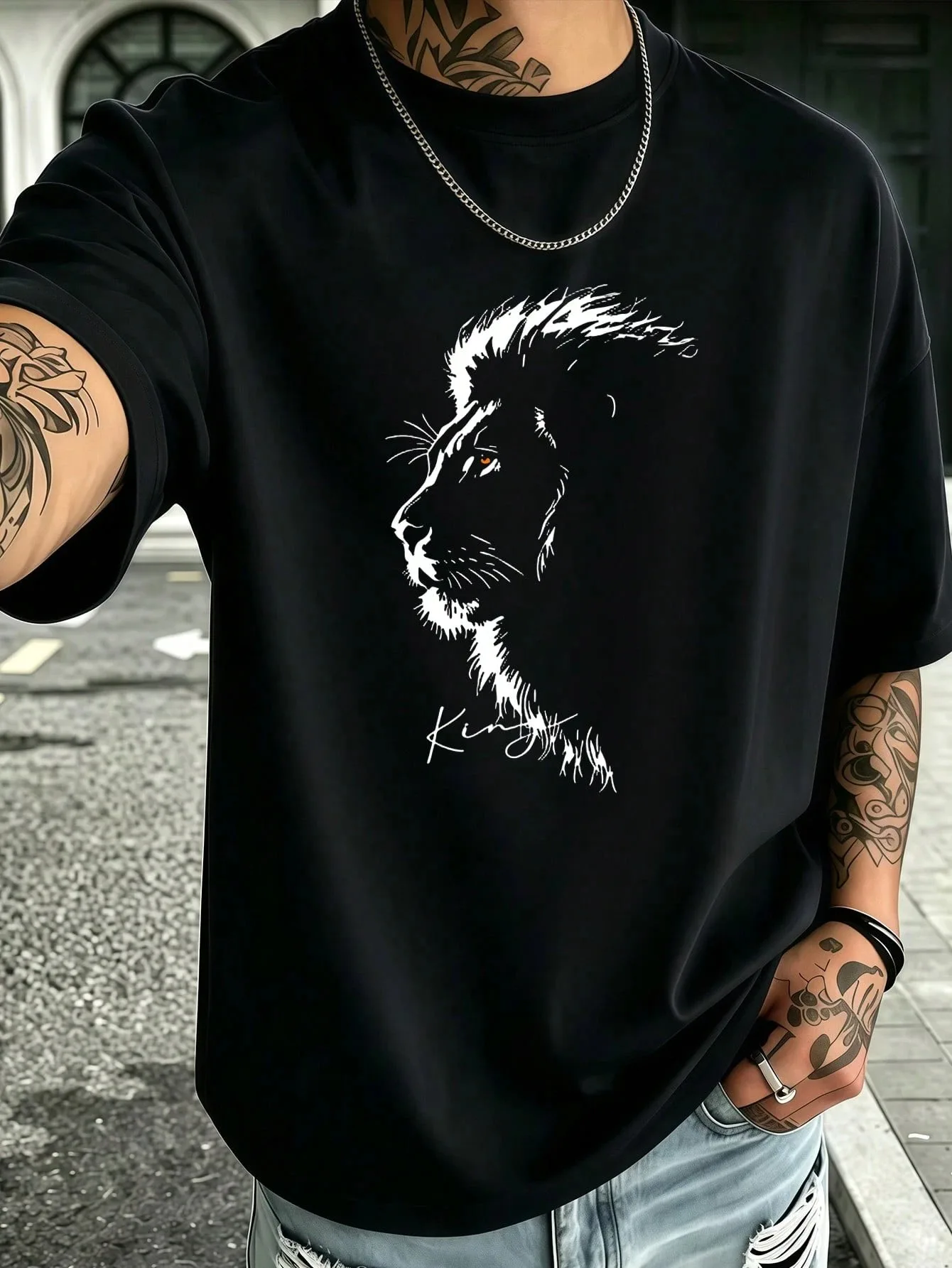 2026 New Pop King Family Matching Oversized Unisex T Shirt Lion King Silhouette Chest Graphic Tee Streetwear Cotton Top