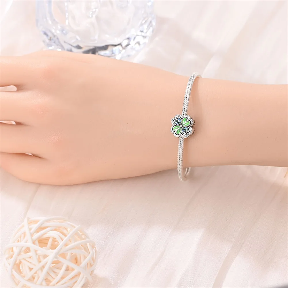 Romantische 925 Sterling Zilveren Maan Kralen Groene Clip Lucky Klavertje Vier Dangle Charm Past Merk Armband & Bangle Meisje Gift