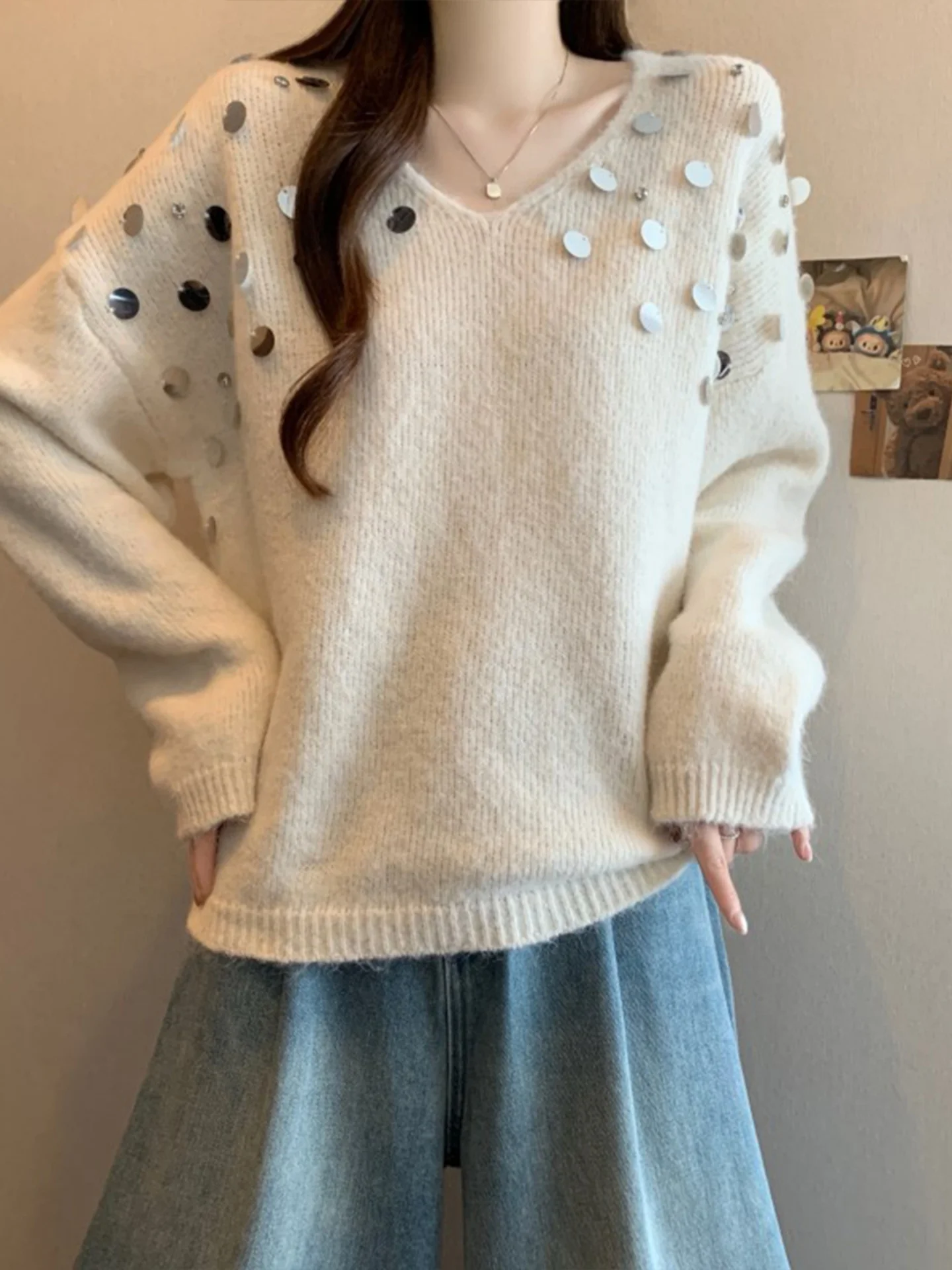 

Ele Sequin V-Ne Long Sve Sweater Women's plus Size Loose Comfortable Autumn Winter Top Korean Sle Casual Outfit