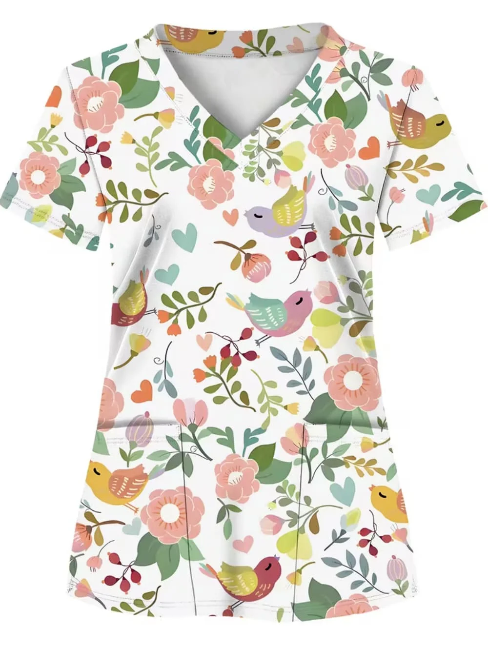 conjunto-de-moda-para-mulheres-ideal-para-o-dia-a-dia-com-estampa-floral-bata-cirurgica-uniforme-de-enfermeira-decote-em-v-manga-curta-e-bolsos-aplicados-camiseta-de-enfermeira