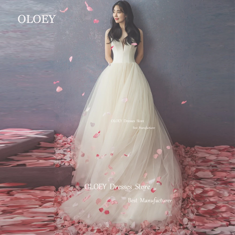 OLOEY Sweetheart A Line Light Beign Wedding Dress Korea Photoshoot Soft Tulle Sleeveless Bridal Gown Guest Dress Floor Length